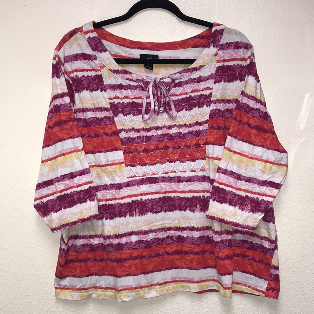 Erika 1X Women’s 3/4 Sleeve Scoop Tie Neck Pink Purple Red White Stripes
